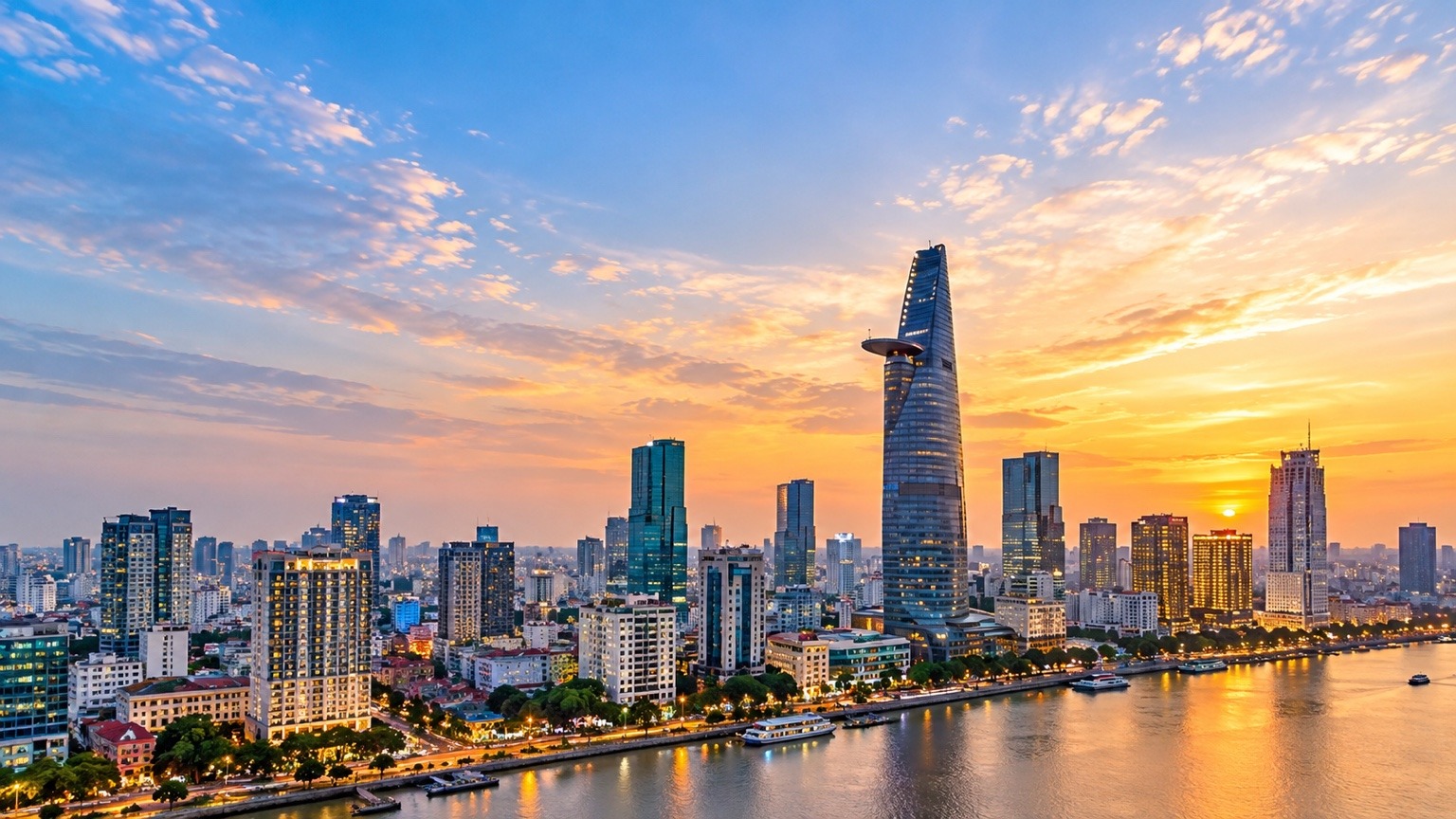 Ho Chi Minh City skyline and Bitexco Financial Tower at sunset